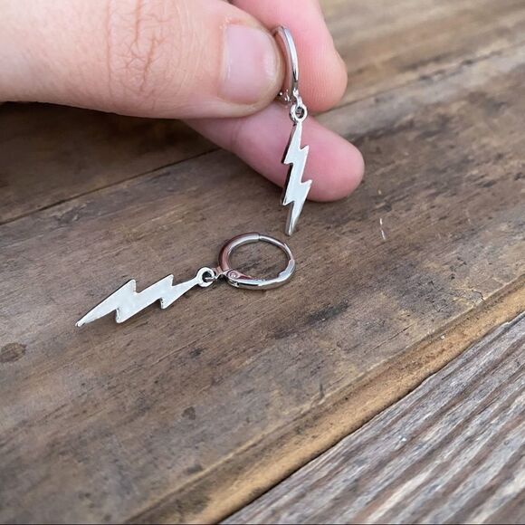 Lightning Bolt Huggie Hoop Earrings White Gold Dangle Charm Earrings - Picture 2 of 3
